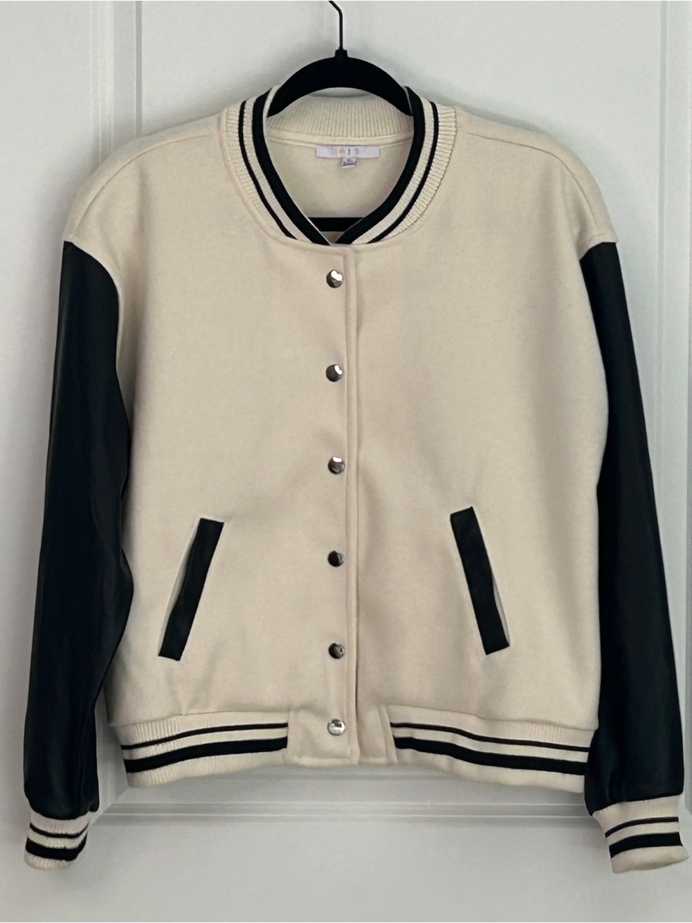 Cream Black Varsity Jacket Minimalist Preppy Snap Button Women’s Size M